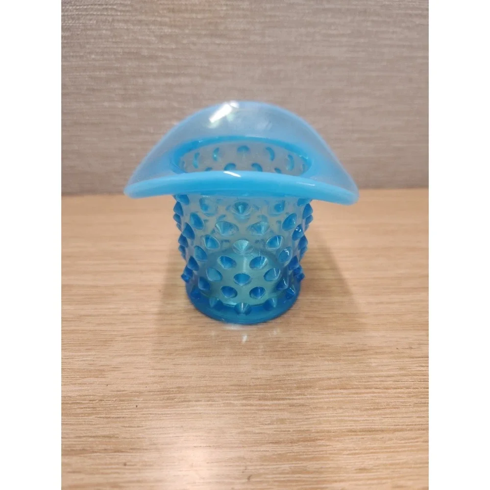 Vintage Fenton Opalescent Aqua‎ Blue Hobnail Top Hat Vase / Toothpick Holder